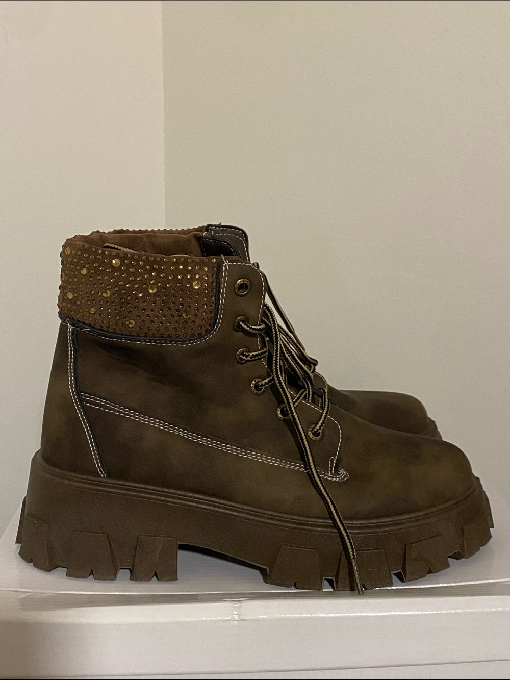 Cape Robbin Brown Studded Cuff Chunky Lace-Up Ankle Boots
